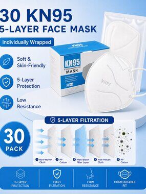 30 KN95 5-Layer Face Mask Individually Wrapped Soft Skin-Friendly Low Resistance